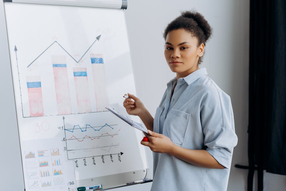 Confident woman presenting business data charts on flipchart in office setting.